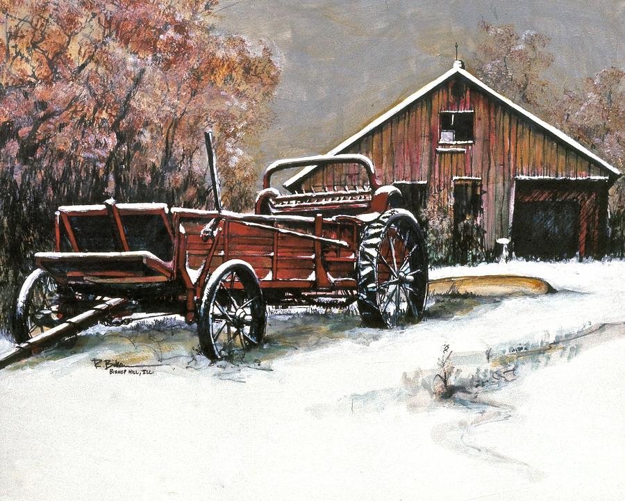 Winter Barn with Farm Equipment  Painting by Robert Birkenes