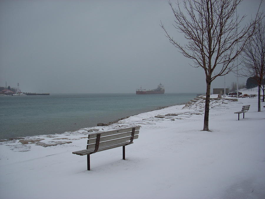 Winter Benches and Freighter Mixed Media by Bruce Ritchie