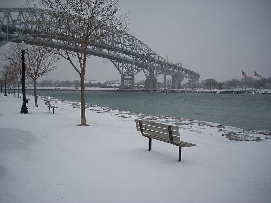 Winter benches at the Bluewater Bridges Sarnia Mixed Media by Bruce Ritchie