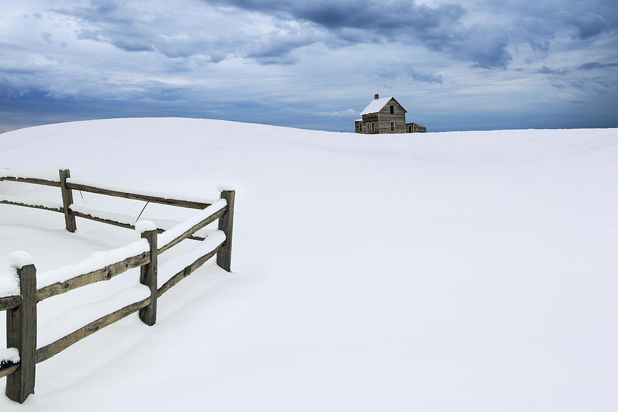 Winter Landscape Photograph With Prairie Farmhouse And Wooden Fence Photograph