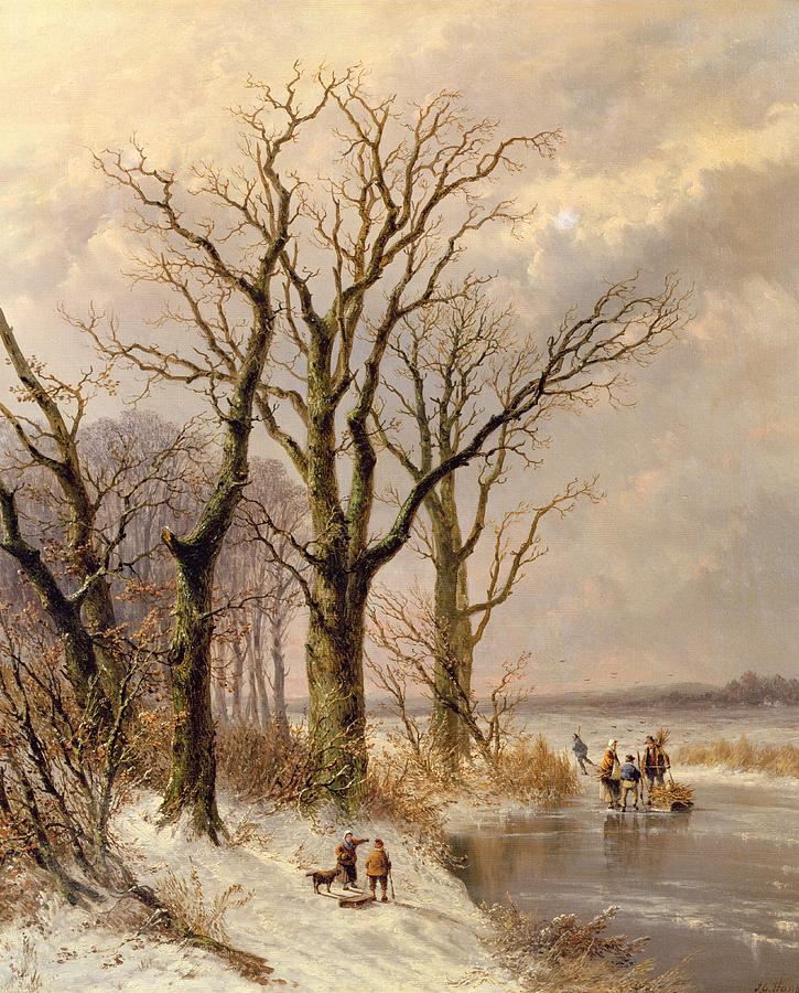 Winter Painting - Winter landscape with faggot gatherers conversing on a frozen lake by Josephus Gerardus Hans