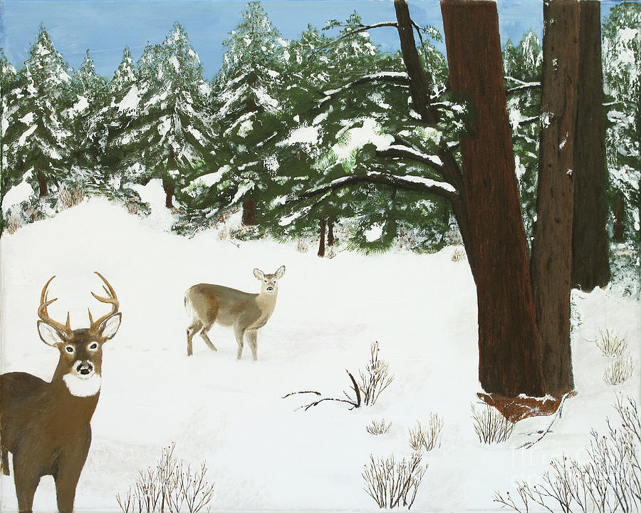 Wintering Whitetails Painting by L J Oakes