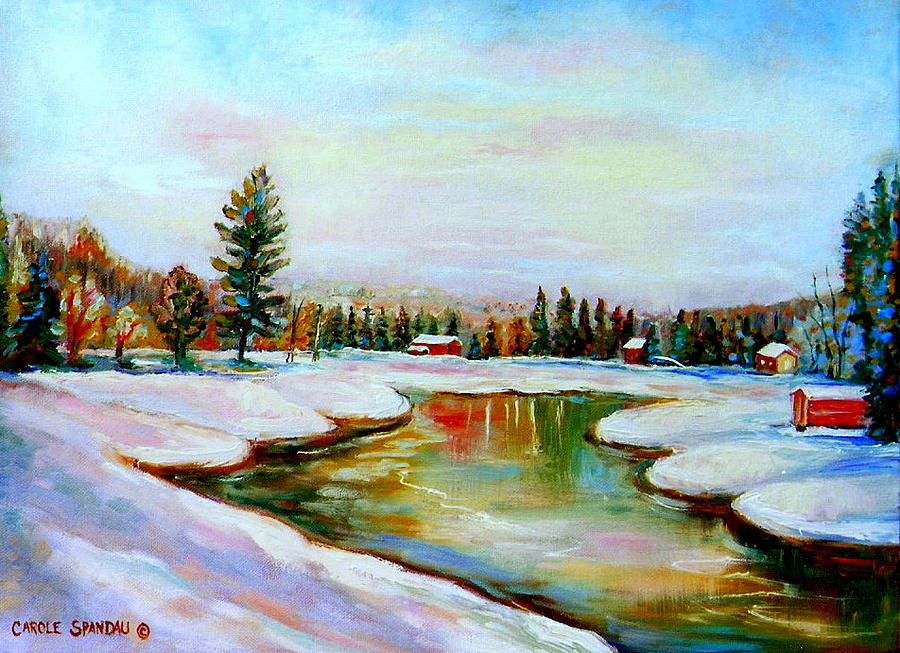 Winterscene Quebec Painting Mirror Lake At Forests Edge Painting by