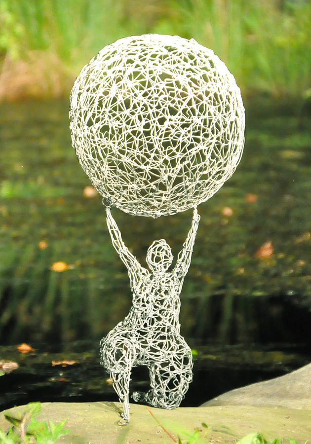Ball Sculpture - Wire Woman holding a Ball by Tommy  Urbans