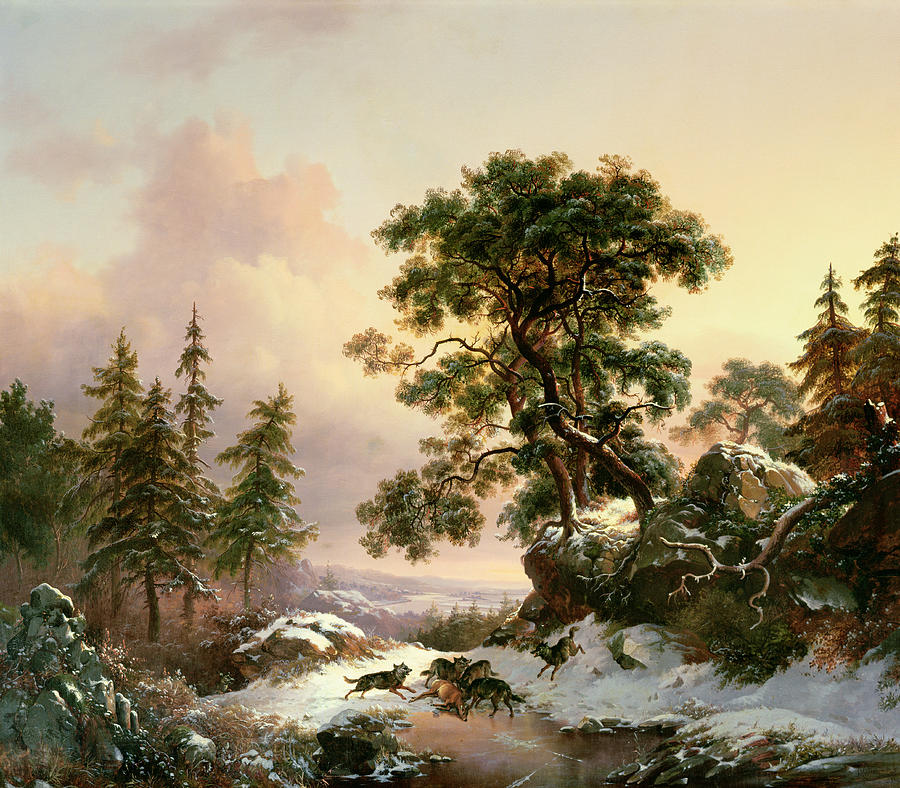 Winter Painting - Wolves in a Winter Landscape by Frederick Marianus Kruseman