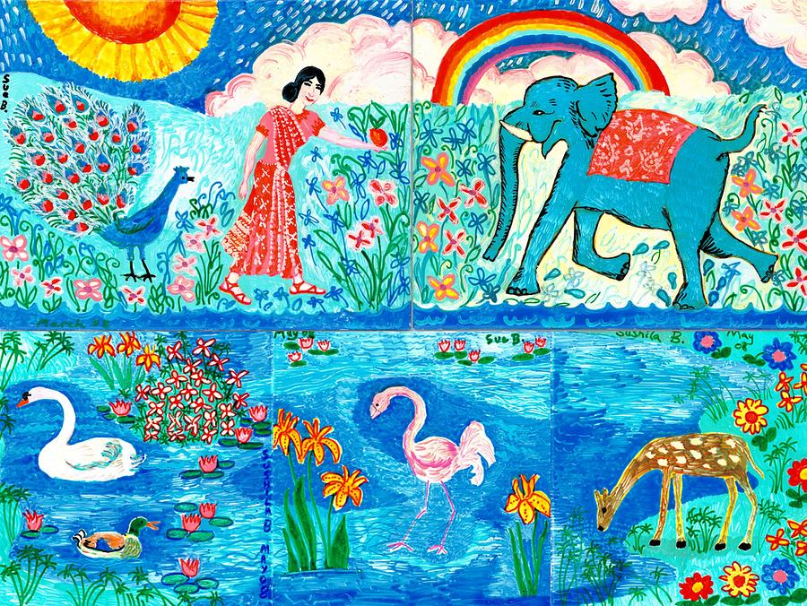 Peacock Painting - Woman and Blue Elephant beside the Lake by Sushila Burgess