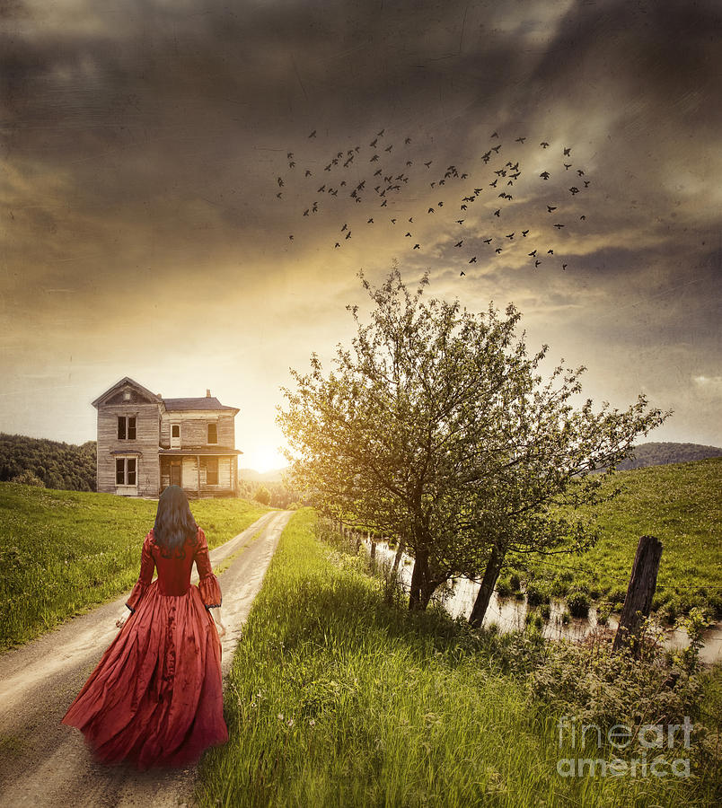 Woman in long red dress walks on a country road  Photograph by Sandra Cunningham