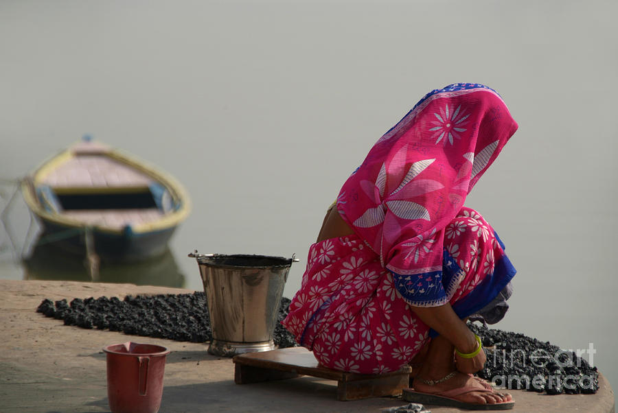 Boat Photograph - Woman in Pink Sari by Ganges by Serena Bowles