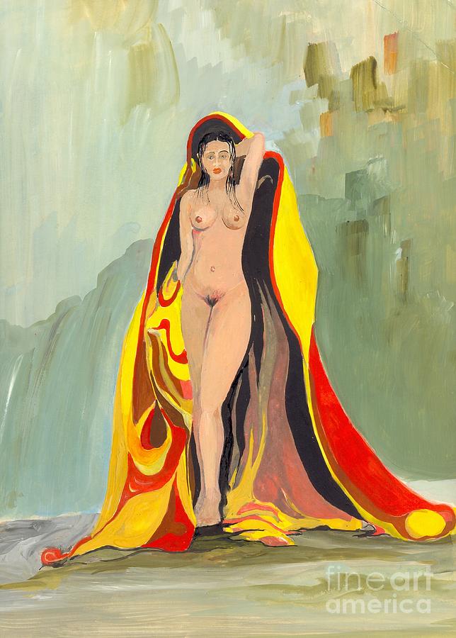 Woman in Red and Yellow Cloak Painting by Padamvir Singh