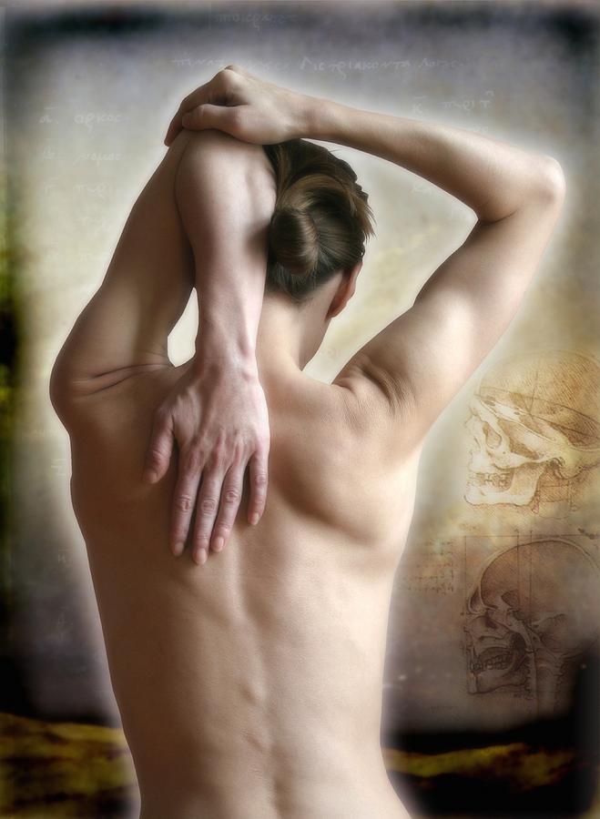 Nude Photograph - Woman Rubbing Her Sore Back by Miriam Maslo