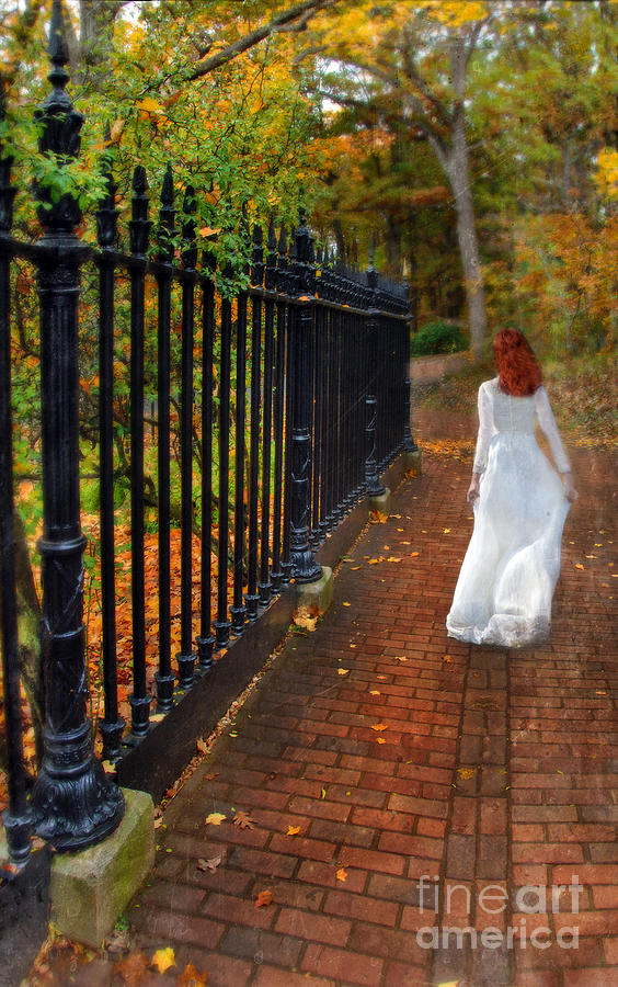 Fall Photograph - Woman Walking in Long White Gown by Jill Battaglia
