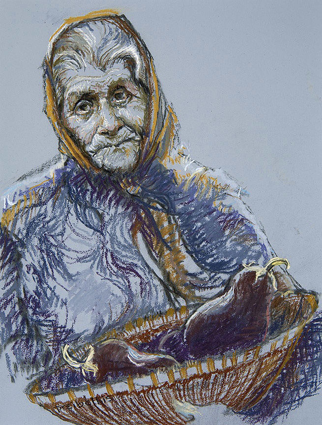 Woman with a Basket of Eggplant Drawing by Ellen Dreibelbis