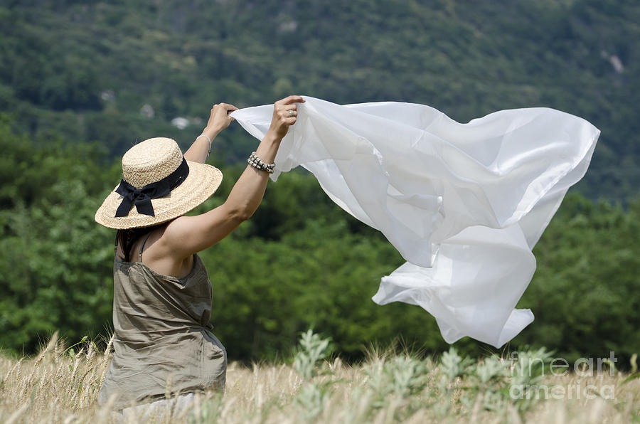 Summer Photograph - Woman with a white sheet by Mats Silvan