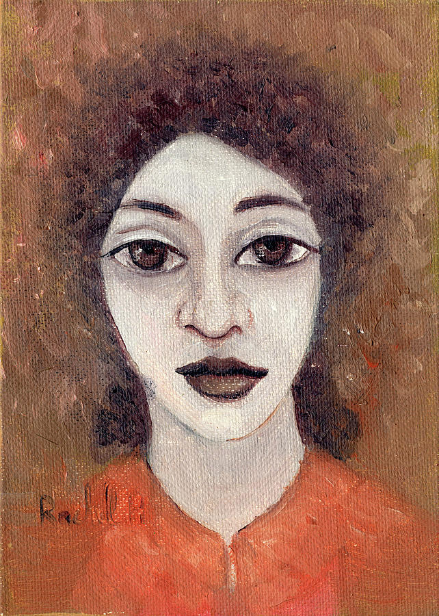 Woman with large dark brown eyes and hair orange shirt dark eyebrows  Painting by Rachel Hershkovitz