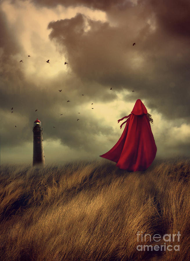 Woman with red cape walking in sand dunes   Photograph by Sandra Cunningham