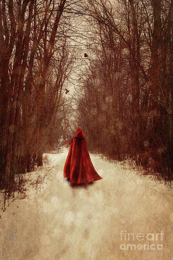 Woman with red cape walking in woods Photograph by Sandra Cunningham