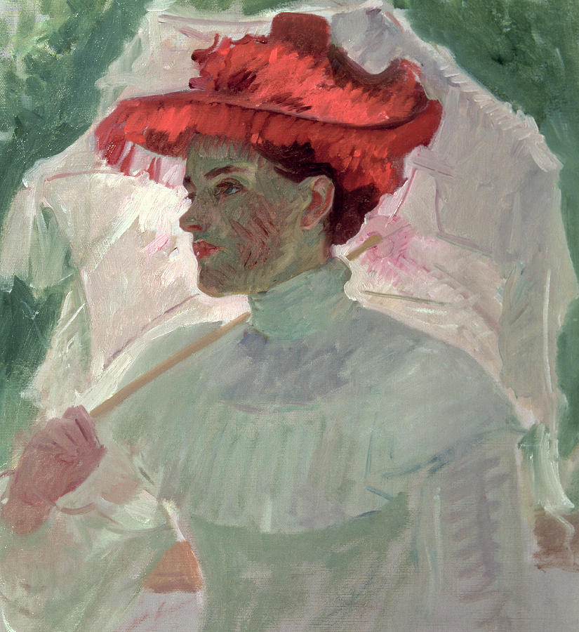 Portrait Painting - Woman with Red Hat and Parasol by Frank Duveneck