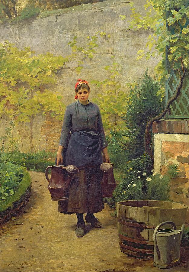 Flower Painting - Woman with Watering Cans by L E Adan