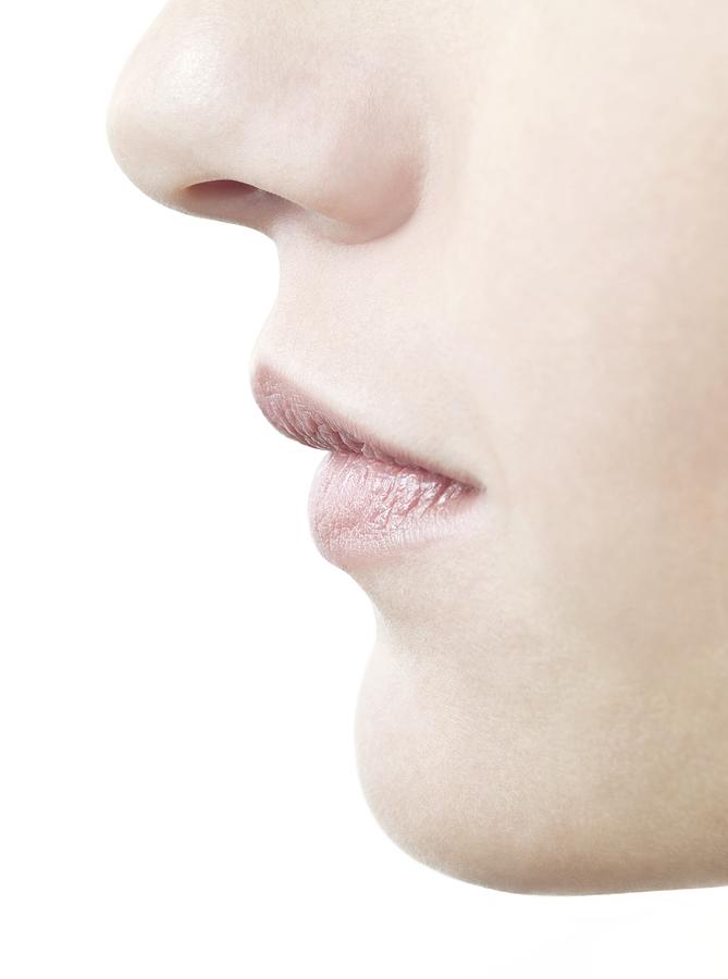 White Background Photograph - Womans Nose And Mouth by 