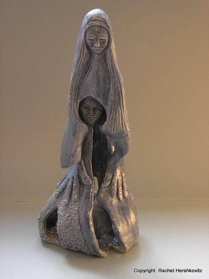Womb Ceramics Sculpture  in Grey woman and child in her womb large hands long hair   Sculpture by Rachel Hershkovitz