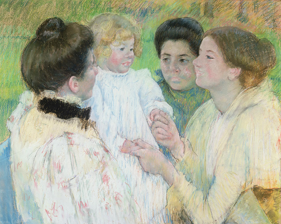 Women Admiring a Child Painting by Mary Stevenson Cassatt