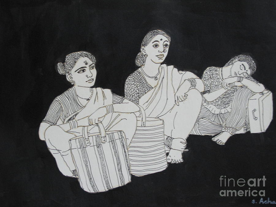 Women waiting for the bus Drawing by Asha Sudhaker Shenoy