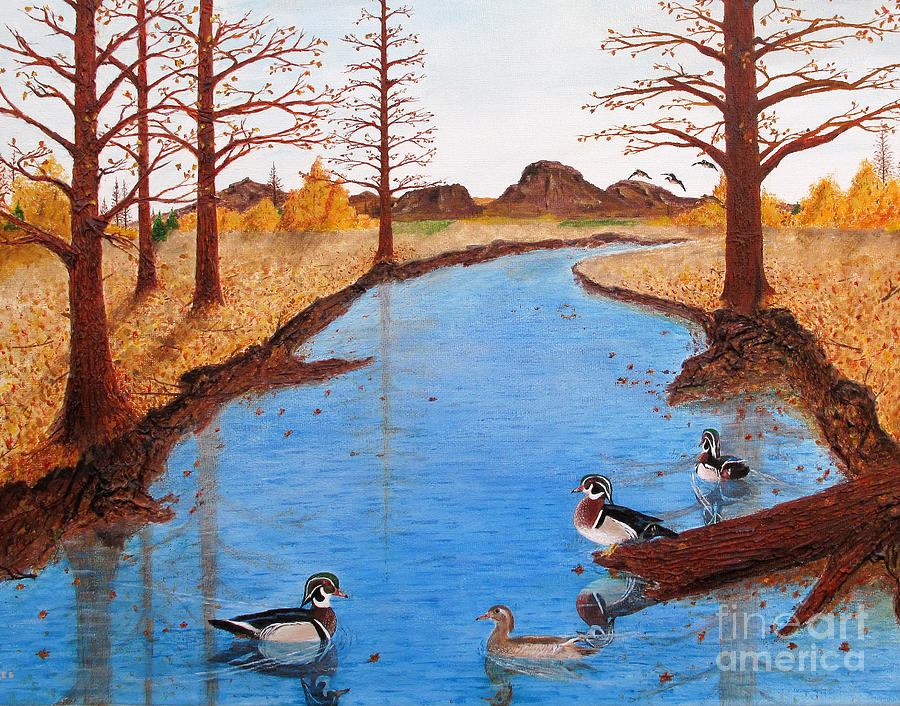 Wood Ducks on Jacobs Creek Painting by L J Oakes