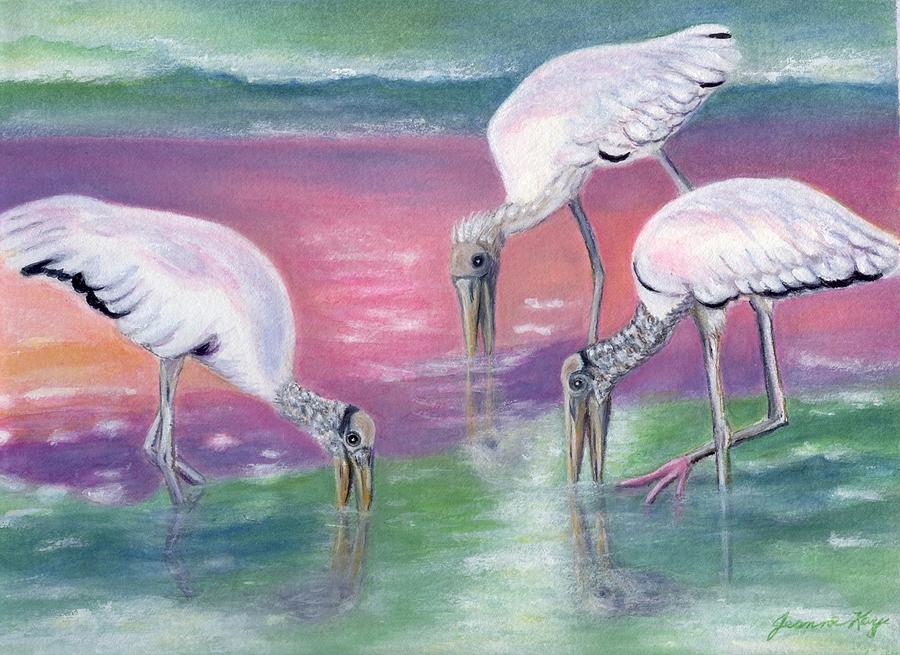 Bird Painting - Wood Stork Family at Sunset by Jeanne Juhos