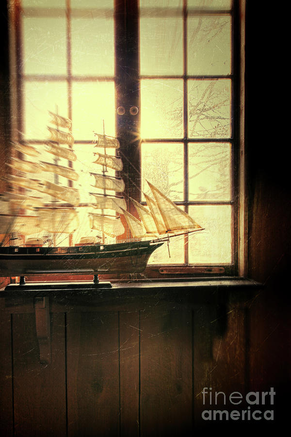 Wooden ship in window Photograph by Sandra Cunningham