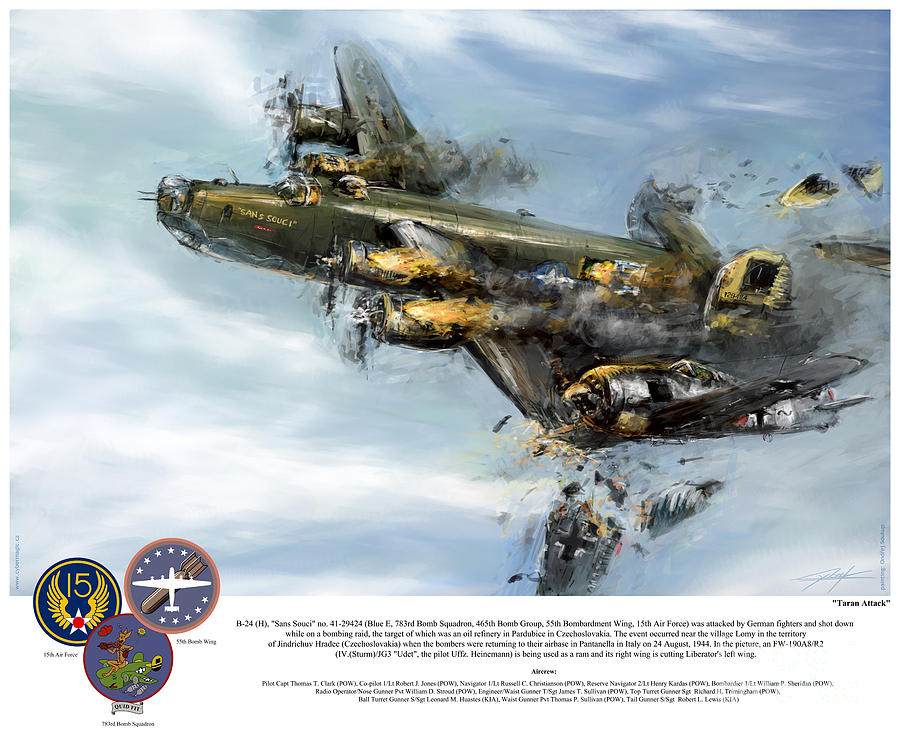 Airplane Painting - World War 2 B24 Sans Souci Taran attack by Ondrej Soukup