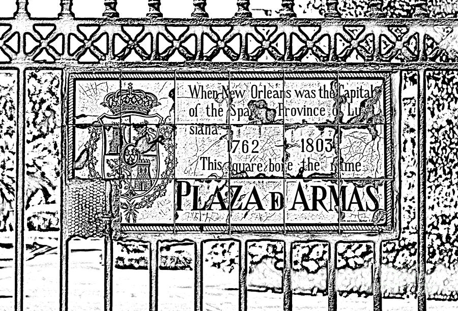 Black And White Digital Art - Worn Historic Plaza de Armas Tile Plaque New Orleans Black and White Photocopy Digital Art by Shawn OBrien