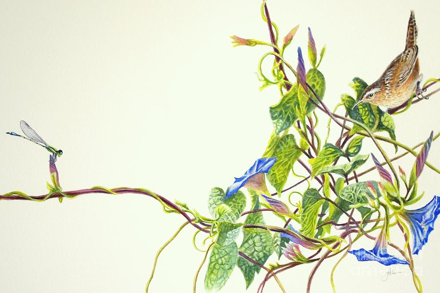 Wren and Damselfly Painting by Greg and Linda Halom
