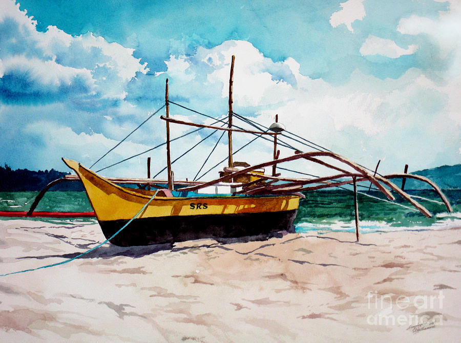 Yellow Boat Docking on the Shore Painting by Christopher Shellhammer
