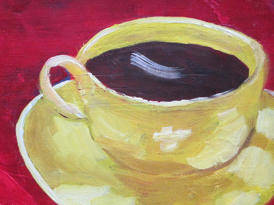 Coffee Painting - Yellow cup on red by Patricia Cleasby