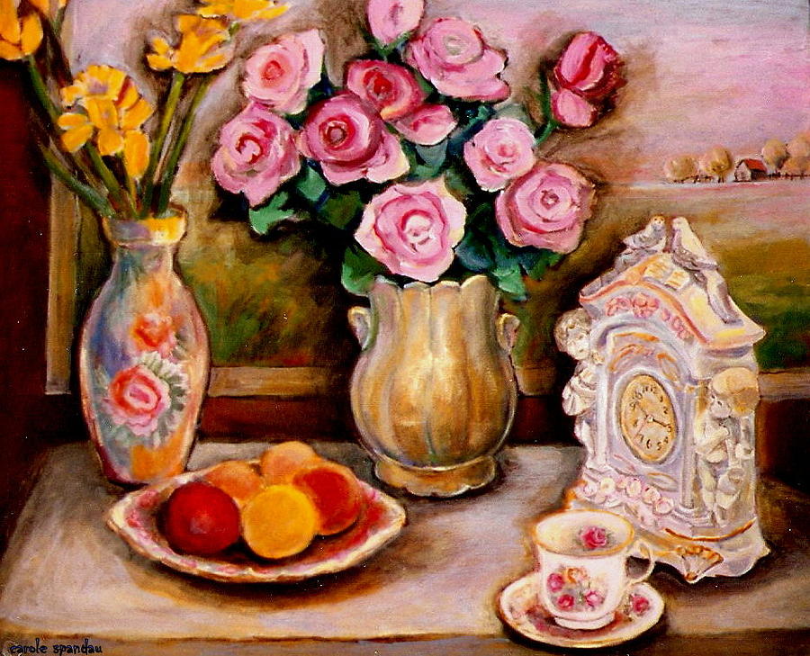 Yellow Daffodils Red Roses  Peaches And Oranges With Tea Cup  Painting by Carole Spandau