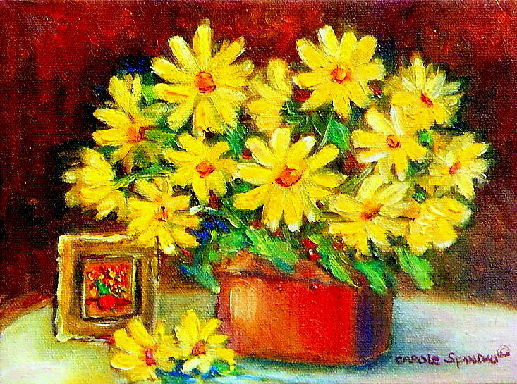 Yellow Daisies With Miniature Painting  Painting by Carole Spandau