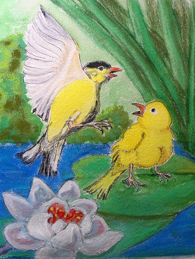 Yellow Finch Painting - Yellow Finches Together by Susan Lee Clark