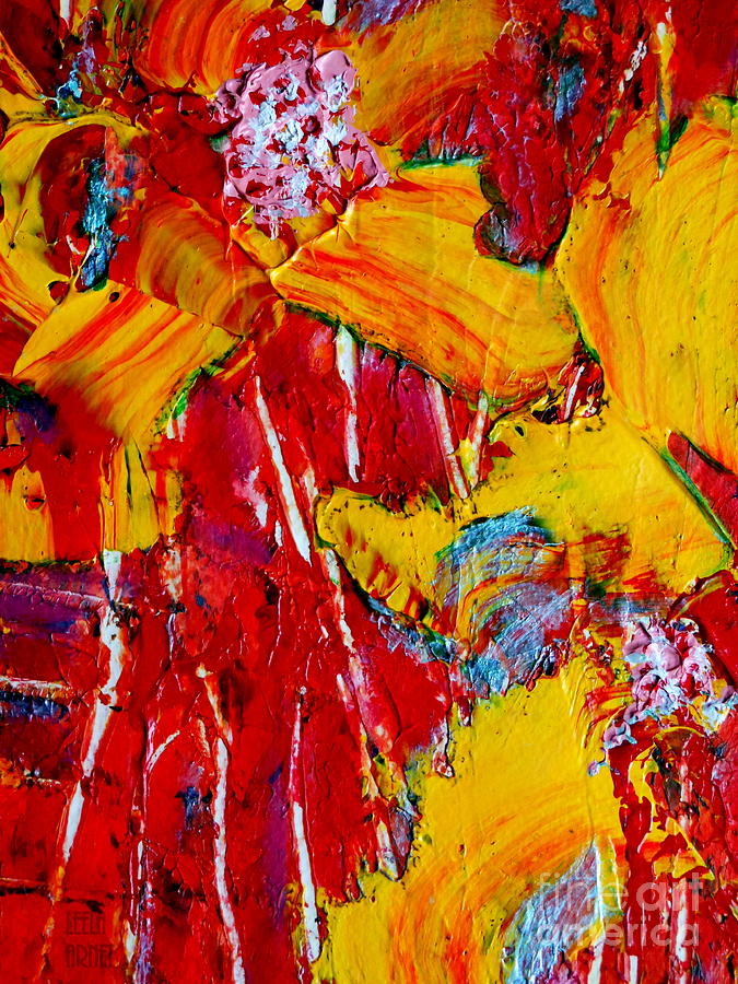 Yellow Flowers On Red Painting by Leela Arnet