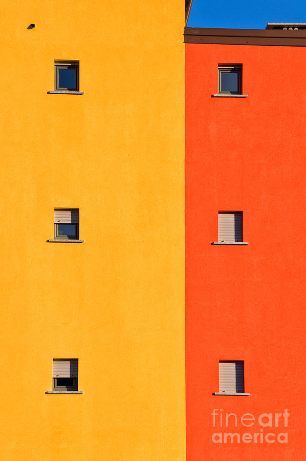 Architecture Photograph - Yellow Orange Blue with windows by Silvia Ganora