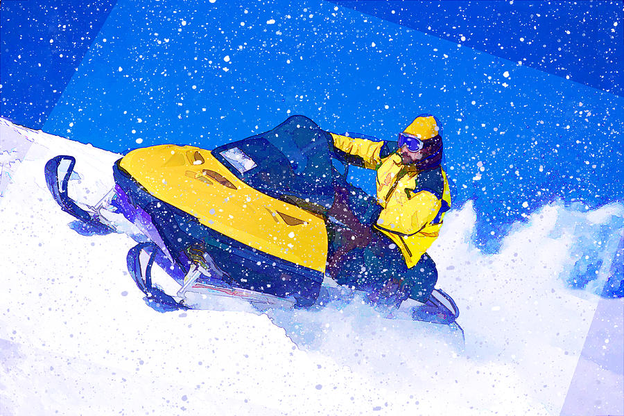 Winter Painting - Yellow Snowmobile in Blizzard by Elaine Plesser