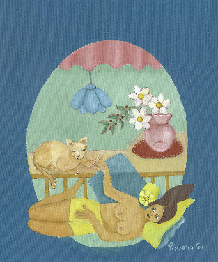 Yellow Sunbath with brown  cat Painting by Rachel Hershkovitz