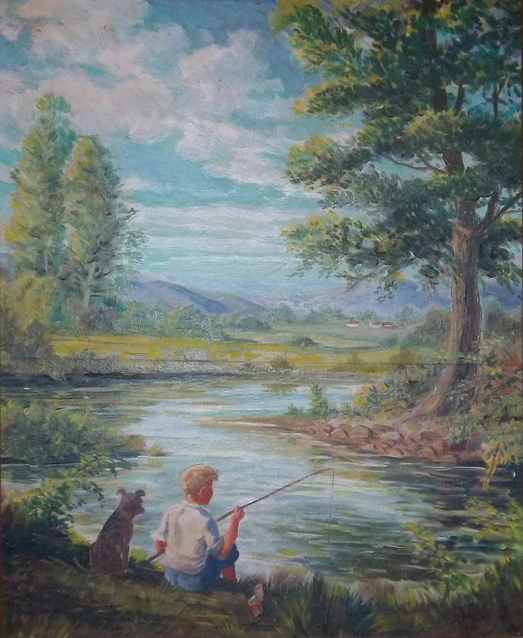 Boy and dog fishing - paintings - Digital Art, Sports & Hobbies