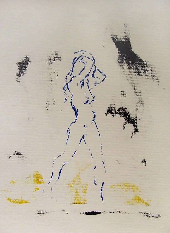 Young Female Nude in Agony While Running from Her Thoughts in Blue Yellow Black Serigraph Monoprint Painting by M Zimmerman