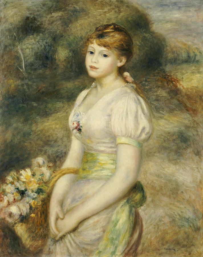 Pierre Auguste Renoir Painting - Young Girl with a Basket of Flowers by Pierre Auguste Renoir
