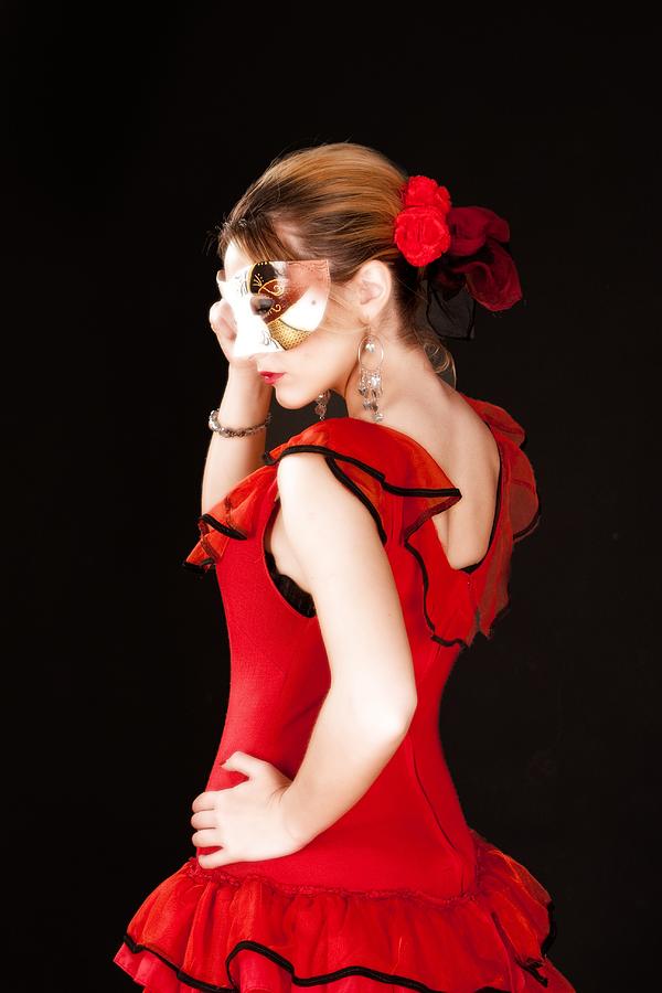 Young lady in hispanic red dress behind a venetian mask 03 Photograph by Baciu - Fine Art America