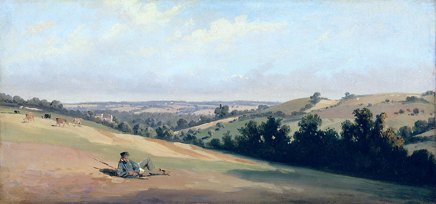 Landscape Painting - Young Man Reclinging on the Downs by Theodore Caruelle d Aligny