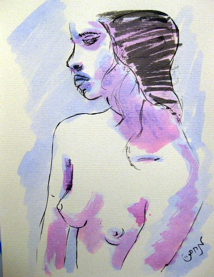Young Nude Female Girl Sitting In Contemplation Introspective Or Watercolor On Textured Paper Painting