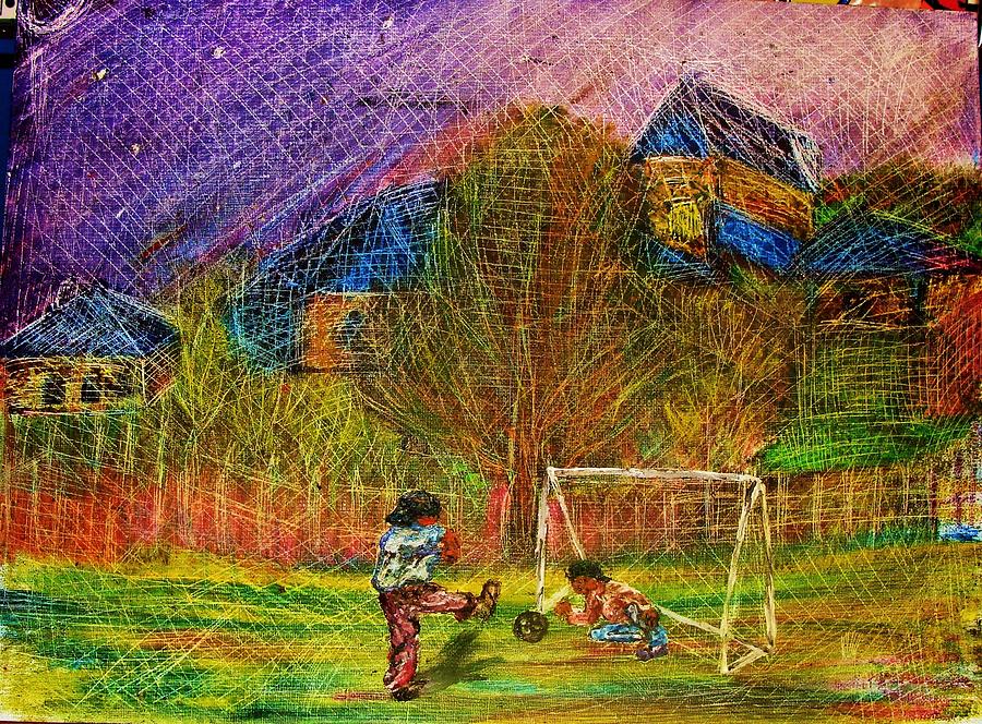 Football Painting - Young soccer players by Jeanne Mytareva