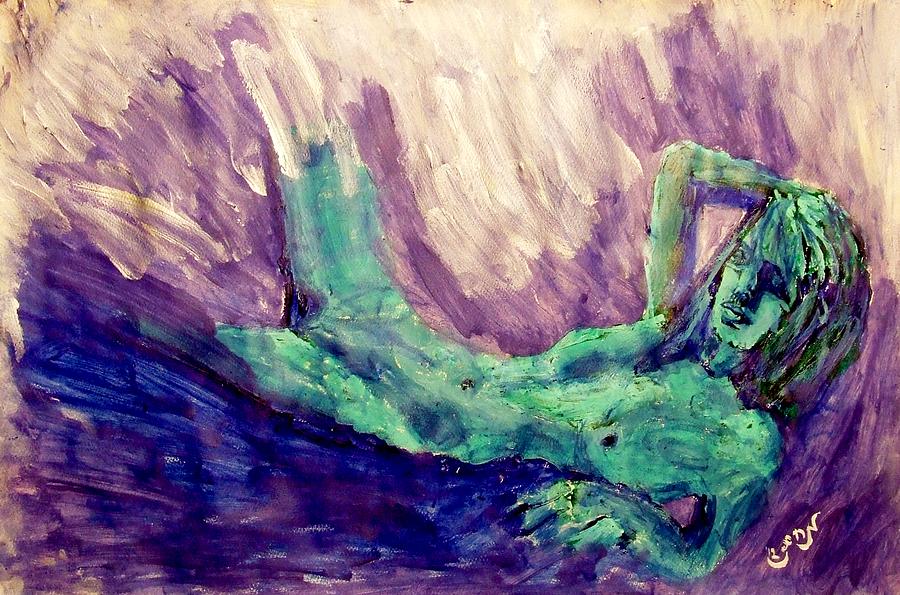 Young Statue of Liberty Falling From Grace Female Figure Portrait Painting in Green Purple Blue Painting by MendyZ M Zimmerman