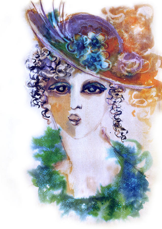 Young woman face with curls in blue green dress purple hat with flower  Painting by Rachel Hershkovitz